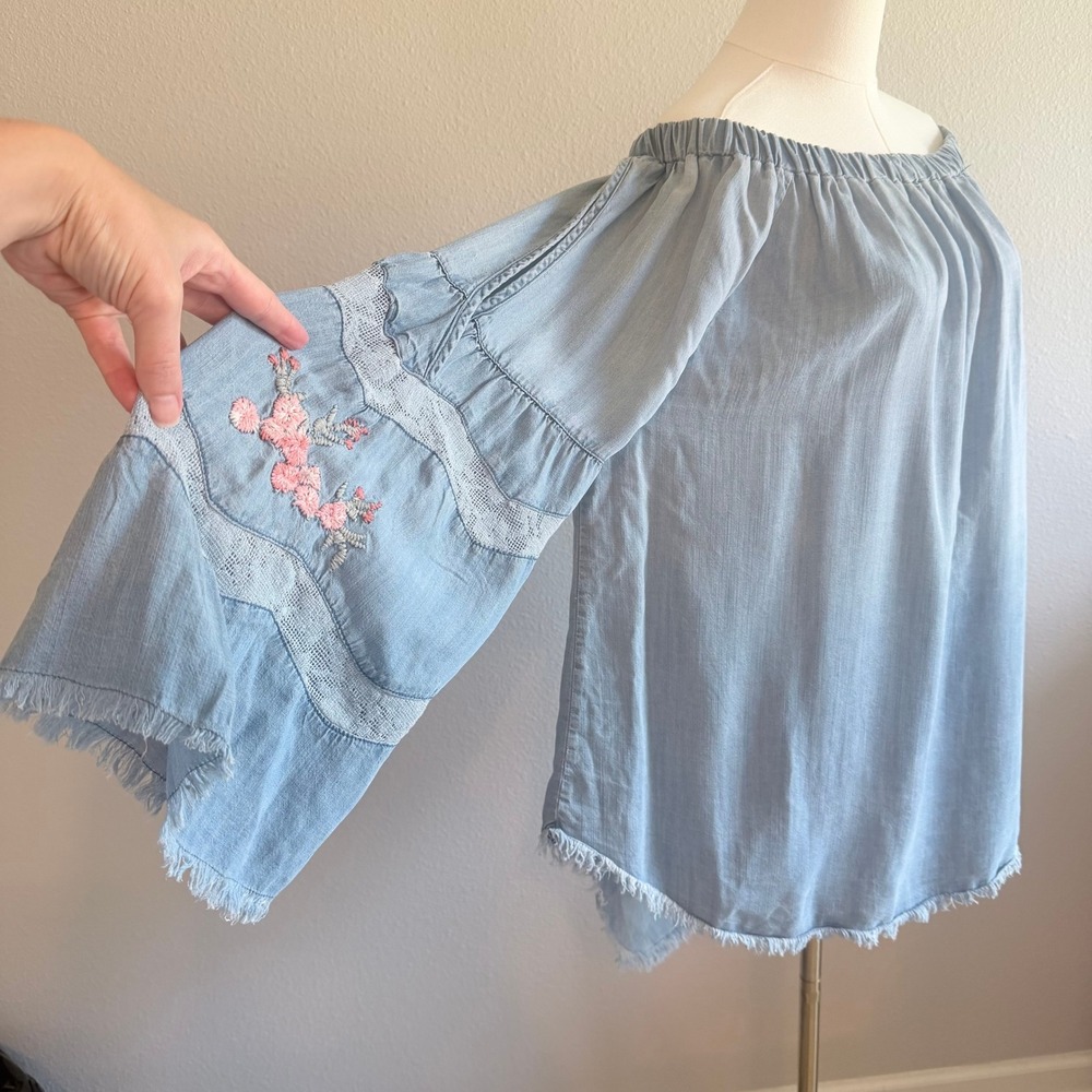 Standard Grace‎ XL Boho Off Shoulder Tunic Floral Embroidered Denim Top
